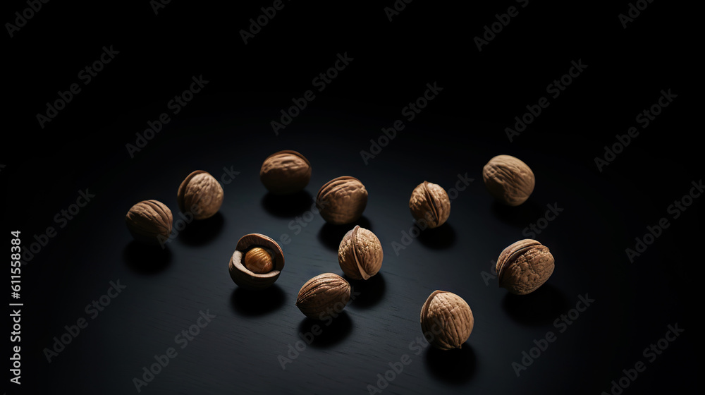Walnuts with and without shells filling the view on dark background. Top view of fresh walnuts. Generative AI