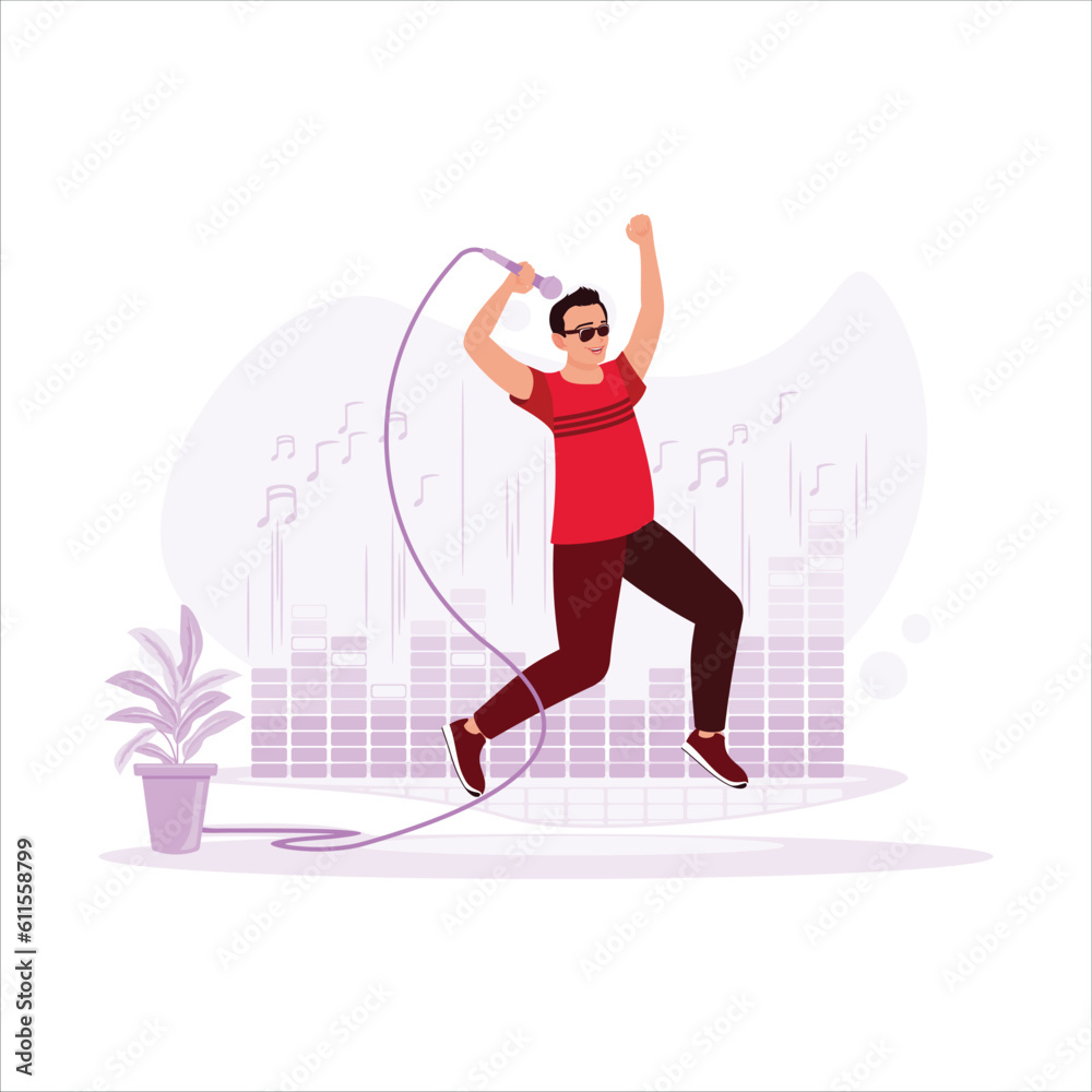 Music loving man, jumping and holding a microphone, singing his favorite song happily. Trend modern vector flat illustration.