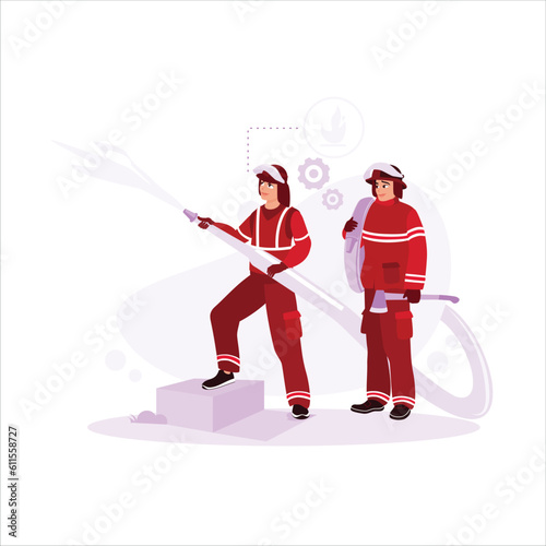 Two firefighters in full uniform conduct firefighter training. And one of the officers uses a fire extinguisher to put out fires in an emergency. Trend Modern vector flat illustration.