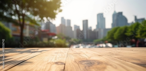 Wood table mockup with Tokyo city street in shallow depth of field. Copy space for product. Generative AI