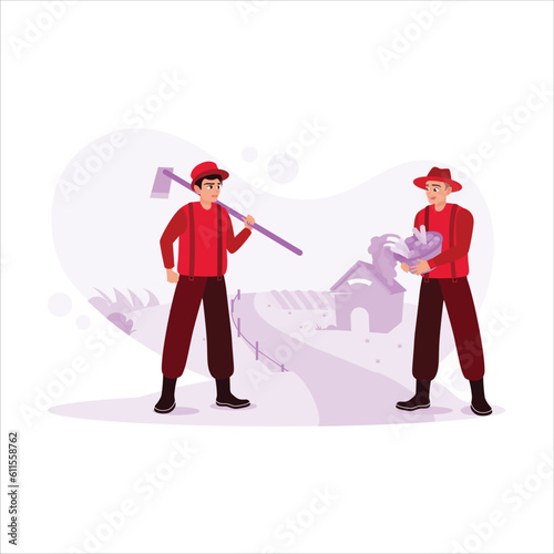 In a garden, two young farmers, one carrying fresh vegetables and one carrying a hoe. Trend modern vector flat illustration.