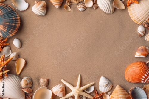 Shells on the sand. Space for text in the center. Generative AI © kardaska