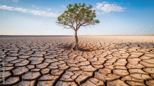 Dry cracked land with dead tree and sky in background a concept of global warming. Generative AI