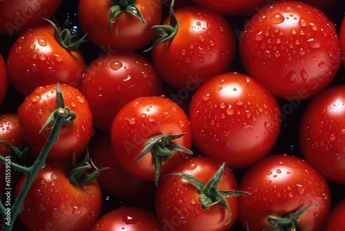 Perfect fresh red wet tomatoes with tomato on background. Generative AI