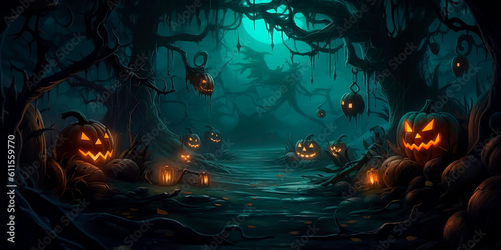 background featuring a spooky forest with twisted trees, glowing jack-o'-lanterns, and mysterious shadows. Generative AI