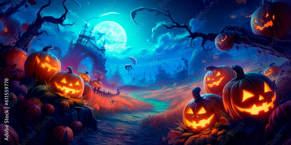 Halloween background with a moonlit pumpkin patch, flying witches, and a chilling breeze. Generative AI