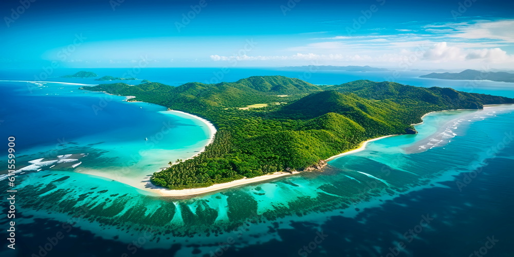 expansive aerial view of a tropical island paradise, with pristine ...