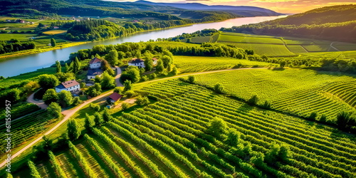 stunning aerial view of a vineyard in full bloom  with neatly aligned rows of grapevines  vibrant green foliage  and a winery nestled amidst the scenic beauty. Generative AI