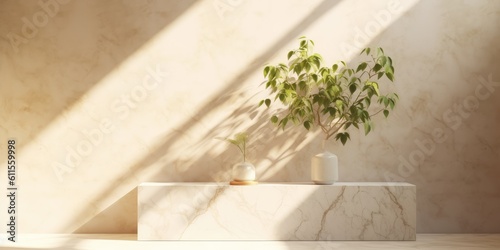 Peaceful interior background with soft cream white walls and potted plant. Sun rays streaming through windows. Wallpaper.