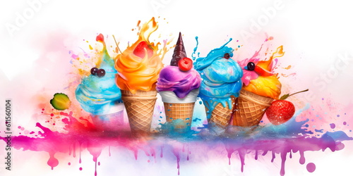 Artistic watercolor ice cream background with blended brushstrokes, drips, and splatters in vibrant hues. Generative AI