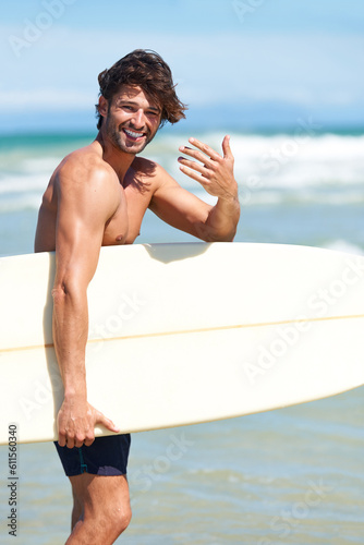 Photography Portrait, surfboard and man at the beach to come for surfing while on summer holiday, vacation and travel in sunshine