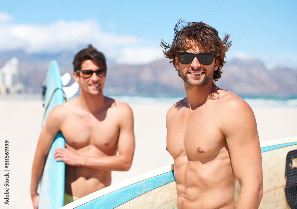 Beach, sunglasses and man surfing friends outdoor together for travel, vacation or holiday trip overseas. Surf, sea or fun with a young male surfer and friend bonding in summer on an ocean coast Beach, sunglasses and man surfing friends outdoor together for travel, vacation or holiday trip overseas. Surf, sea or fun with a young male surfer and friend bonding in summer on an ocean coast