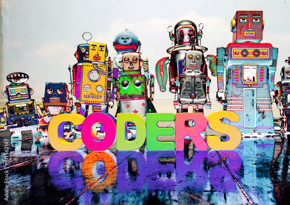 Retro robot toys with the word CODERS