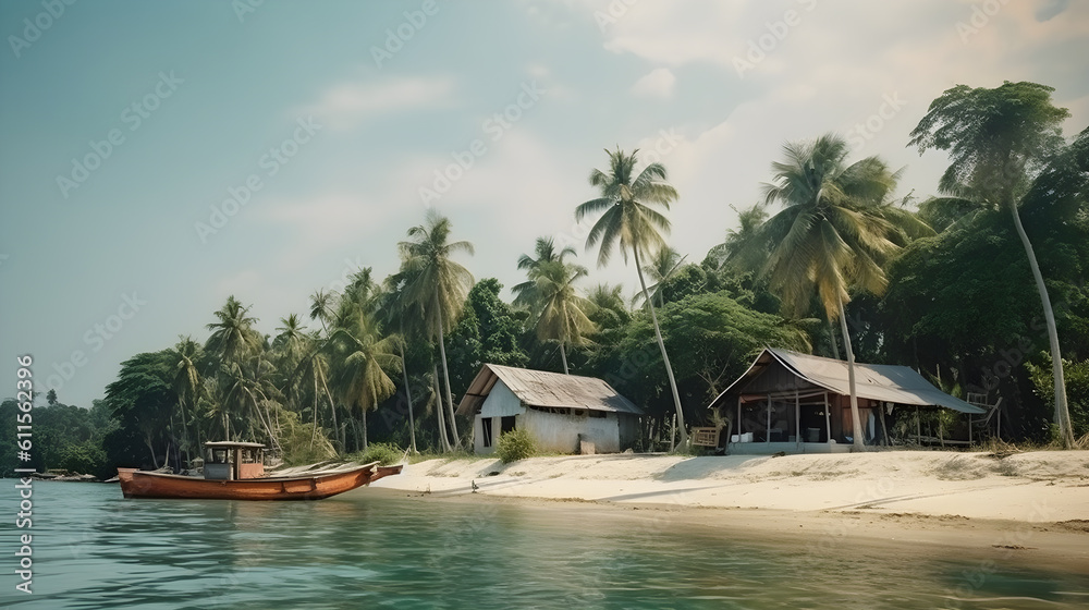 Fototapeta premium Tropical beach background as summer relax landscape with boat near house and white sand and calm sea for beach template. Amazing beach scene vacation and summer holiday concept. Generative AI.