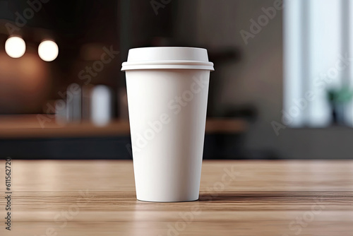White coffee to go cup on wooden table, mockup, Generative AI photo