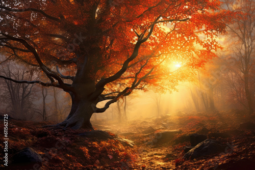 Sunlight shining through the autumn tree in a forest, Generative AI