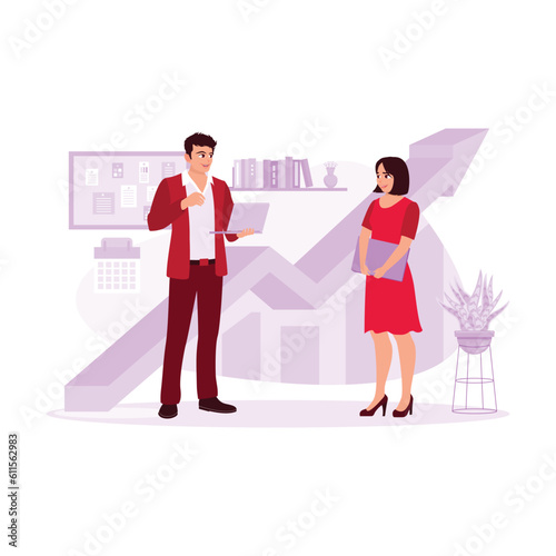 Two young male employees with laptops explain business projects to female colleagues in the office room. Trend Modern vector flat illustration.