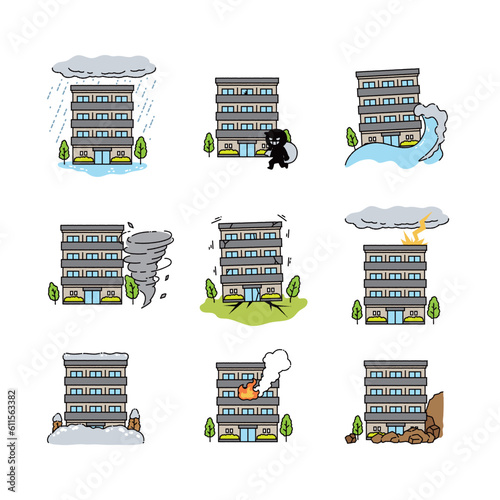 被害をうけるマンションのイラストセット