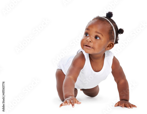 Foto Isolated, baby crawling and against a white background on the floor