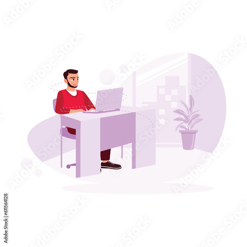Young male businessman, sitting in an office, seriously checking work on a laptop. Trend Modern vector flat illustration.