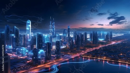 A futuristic cityscape with holographic technology showcasing artificial intelligence and connectivity, captured with a wide-angle lens during the blue hour, emphasizing the sleek and modern architect