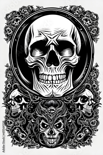 Skull tattoo art done in black and white. (AI-generated fictional illustration)