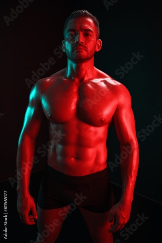 Man bodybuilder posing muscles with nude fitness torso, isolated on black background in neon light. Advertising, sports, active lifestyle, colored light, competition, challenge concept.  © SHOTPRIME STUDIO