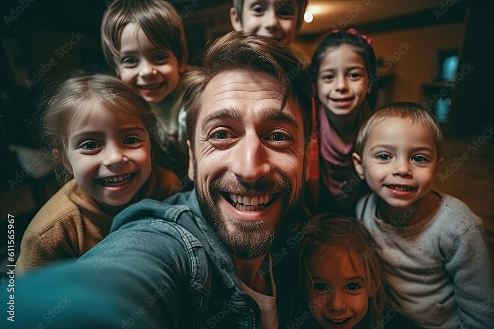Father having fun with kids and making selfie at home, Generative AI