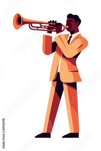 Musician playing brass instrument in shiny suit