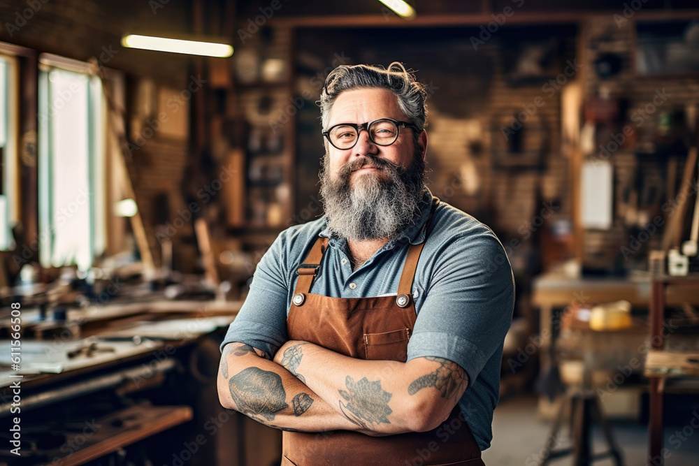 Portrait of a craftsman standing with confidence, Generative AI Portrait of a craftsman standing with confidence, Generative AI
