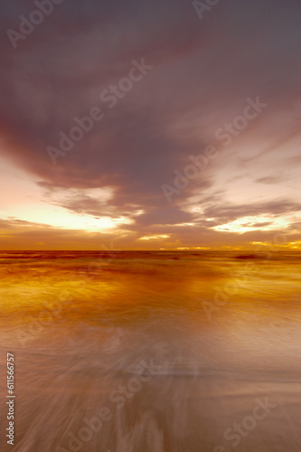 Nature  ocean and clouds with sunset at beach for environment  peace and landscape mockup. Summer  sunshine and sunrise with wave on horizon for travel destination  reflection and seaside vacation