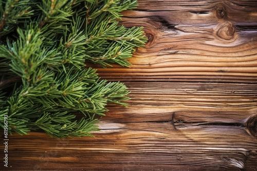 Juniper tree, close-up of wooden plank, wooden texture, plants background, Generative AI