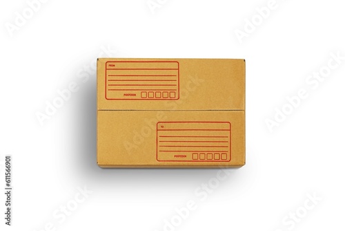 Top view of carton isolated on a white background with clipping path. Brown cardboard delivery box with address space.