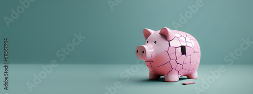 Financial and Economic Crisis Concept. Inflation, Recession, Inflation and Depression affect Savings Money. Crackked Ceramic Piggy Bank standing alone against a Blue background. AI generative