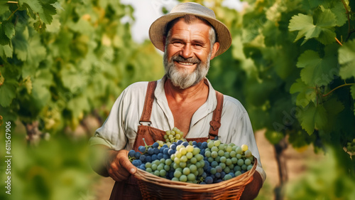 Smiling Senior Farmer in the  Vineyard . Happy Harvesting with Full of Grapes in Basket. standing between rows of Grapes Tree. AI generative