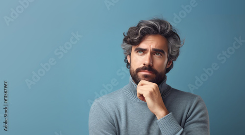 Portrait of a Young Adult Male in Thoughtful Posture, Hand on Chin, Eyes looking Up, Standing against the light Blue Wall in Studio. Full with Copy Space. AI generative