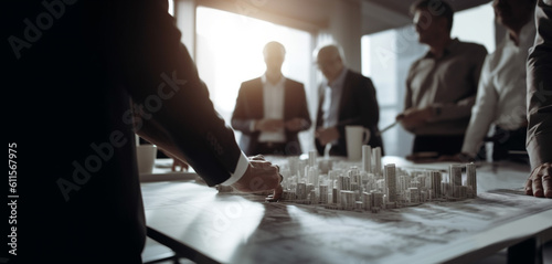 Senior Executive Meeting with Joint Ventures and Partner for a Real Estate Mega Project.  Selective focused on Hand and the Model on Desk. AI generative