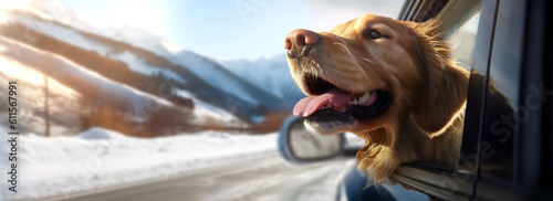 Golden Retriever Dog Enjoying the Wind Blowing on Road Trip. Happy and Excited Dog Sticks Head out of the Car Window while Traveling on Winter. AI generative