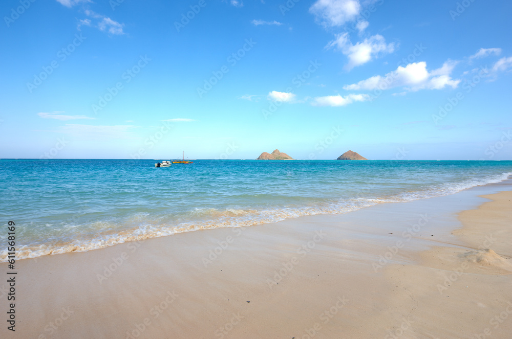 Water, beach and ocean landscape with clouds in the sky or travel to a tropical paradise, dream vacation or island holiday mockup space. Hawaii in summer, wallpaper and blue sea waves on sand