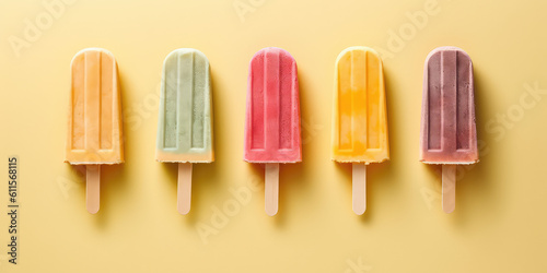 Top view of fruit popsicles on a stick. Fruit ice creams in different colors isolated on a flat background with copy space. Simple Summer ice cream. Generative AI professional photo imitation.