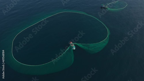 Crew of Fishermen Work on Commercial Fishing Ship that Pulls Trawl Net, Yen island, Phu Yen, Vietnam