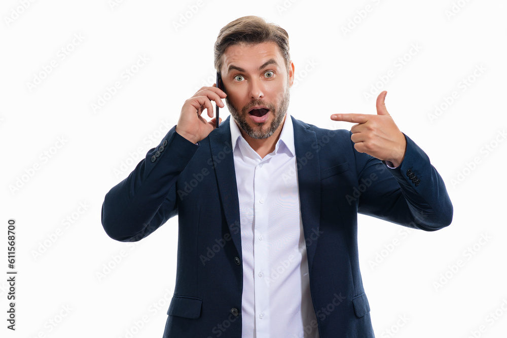 Surprised business man in suit talking on phone, promo mobile app. Businessman in casual clothes using smartphone isolated on studio background. Portrait of cheerful guy using cellphone. Surprised business man in suit talking on phone, promo mobile app. Businessman in casual clothes using smartphone isolated on studio background. Portrait of cheerful guy using cellphone.