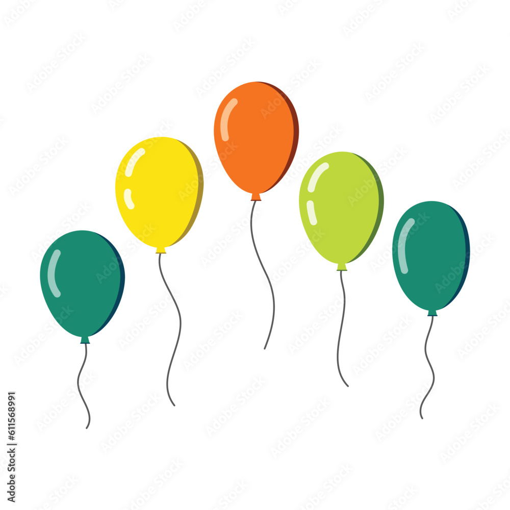 Flying balloon in air cartoon style. Red, yellow and green color balloon