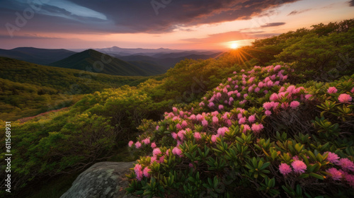 Blue Ridge Parkway Mountains Sunset over Spring Rhododendron Flowers © artchvit