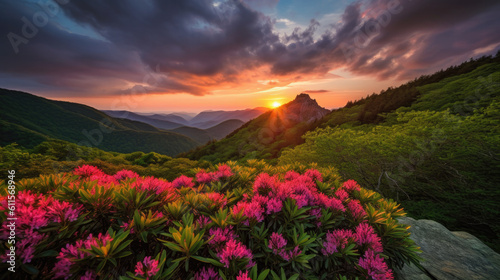 Blue Ridge Parkway Mountains Sunset over Spring Rhododendron Flowers