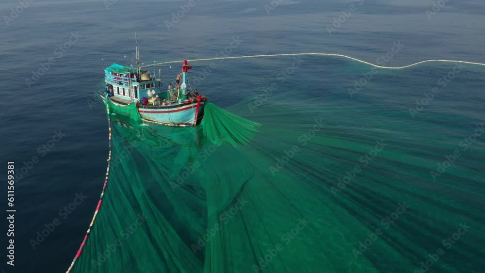 Crew of Fishermen Work on Commercial Fishing Ship that Pulls Trawl Net, Yen island, Phu Yen, Vietnam