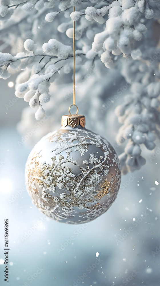 White Christmas Ornament hanging on a tree - generative AI, KI White Christmas Ornament hanging on a tree - generative AI, KI