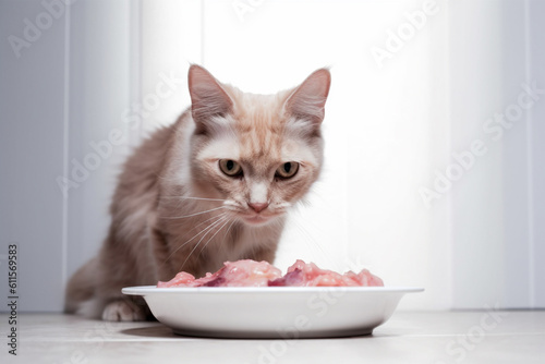 Domestic cat with bowl with raw meat. Generative AI illustration