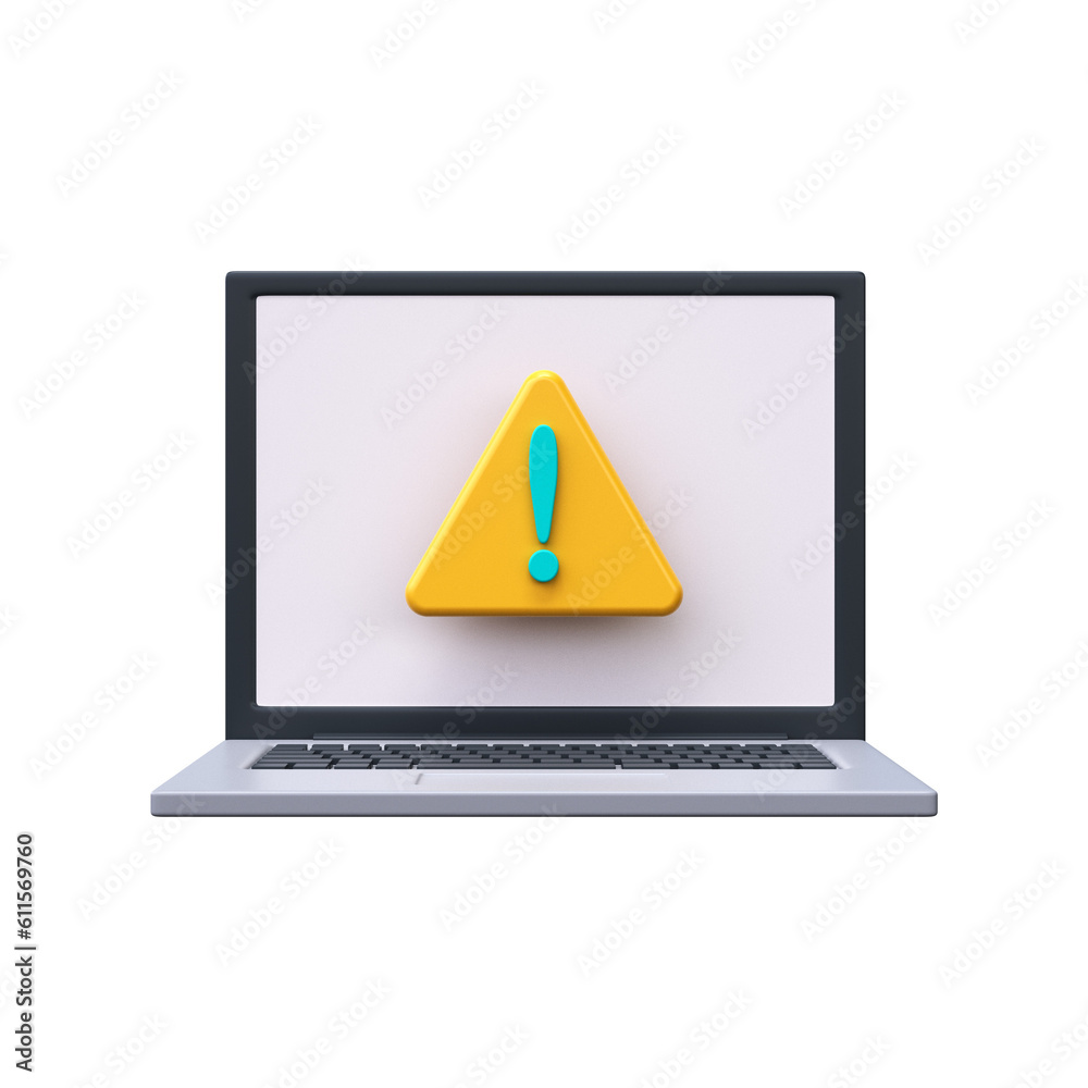 Notebook warning sign. 3d laptop with exclamation mark