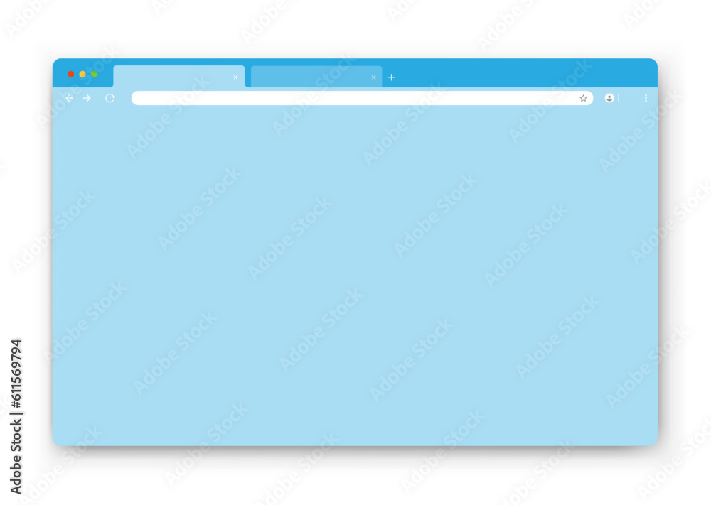 The design of the web browser window in blue on a white background. An empty layout of the website's computer screen with a search bar and buttons. Vector illustration. The design of the web browser window in blue on a white background. An empty layout of the website's computer screen with a search bar and buttons. Vector illustration.
